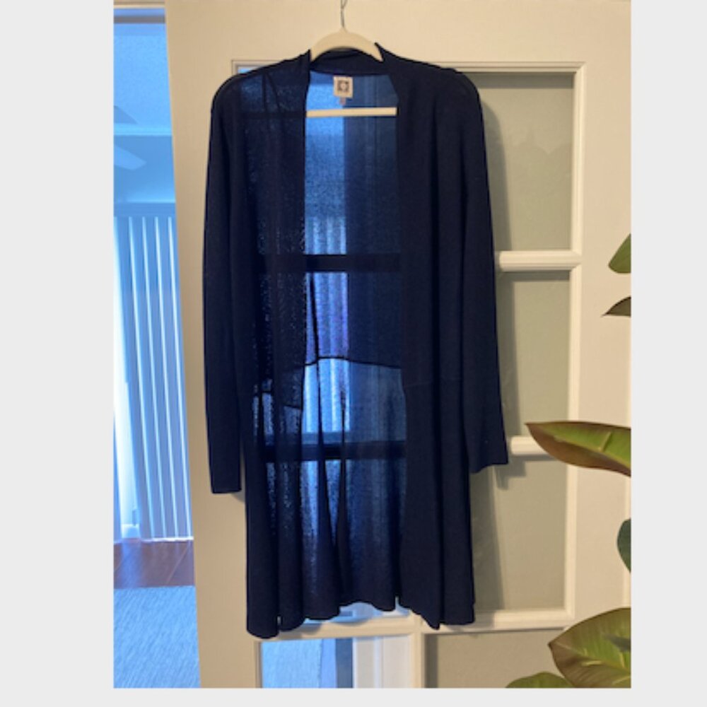 Anne Klein Dark Navy Blue Open Front Maxi Cardigan Sweater Large